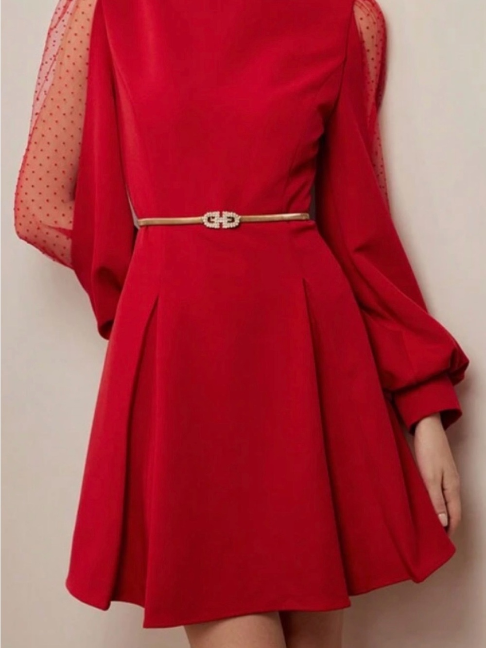 MOTF Red Mini Dress with Sheer Dot Sleeves and Gold Belt